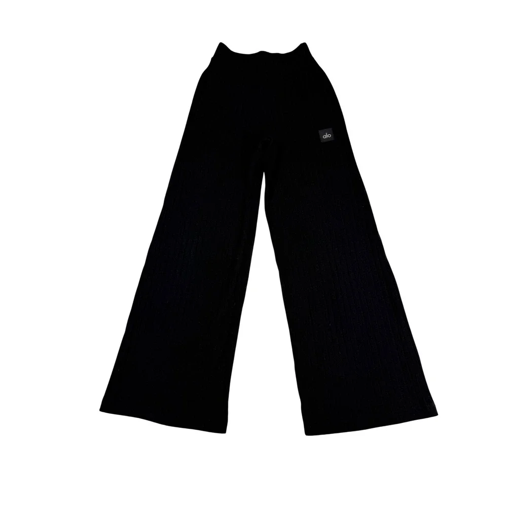 Alo Yoga Black Ribbed Knit Bralette and Wide Leg Pants Lounge Set Womens small